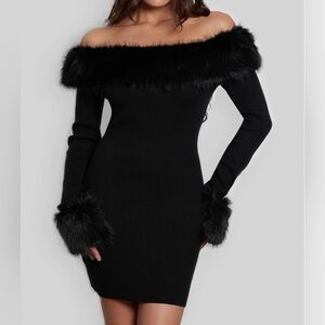 Chic Black Off-the-Shoulder Sweater with Fur Accents